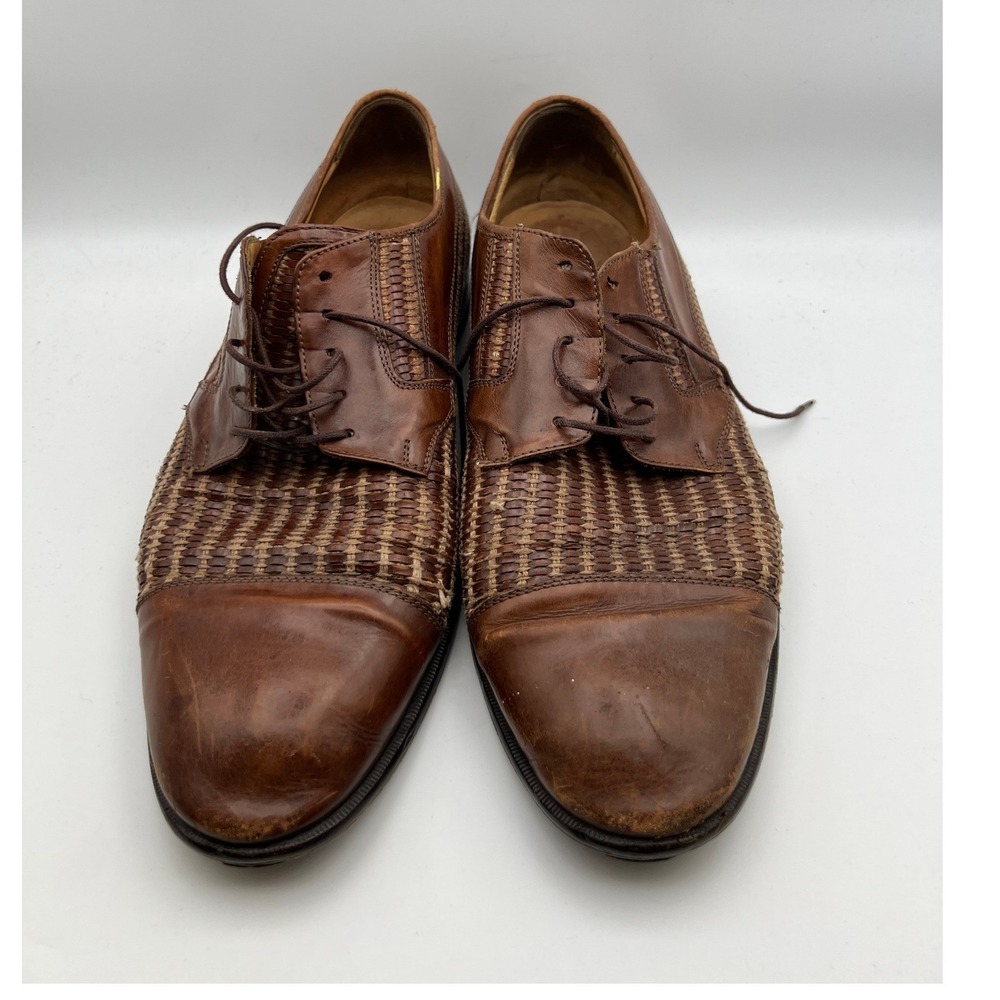 Johnston & Murphy Cellini Italy Mens 12 Brown Woven Leather Cap Toe Oxfords